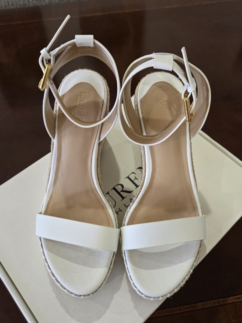 Lauren Ralph Lauren Hilarie Ankle-Strap Espadrille Platform Wedge, size 7.5